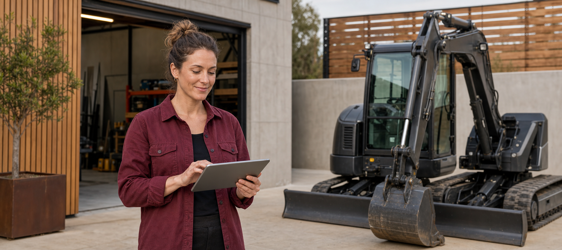 A business owner reviewing asset-finance plans beside construction equipment